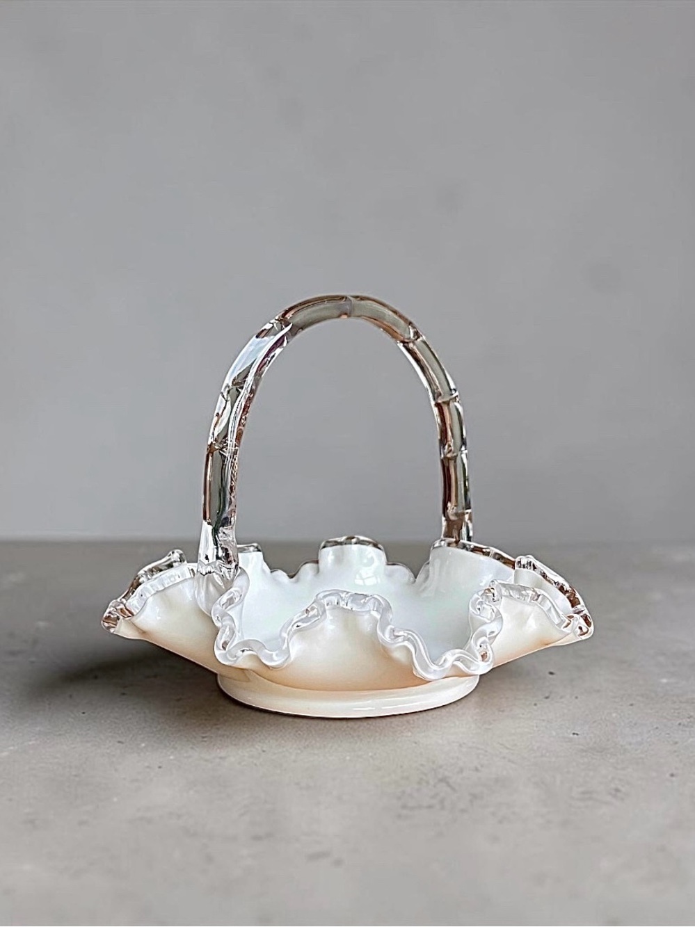 Vintage Fenton Silver Crest Milk Glass Ruffled Basket